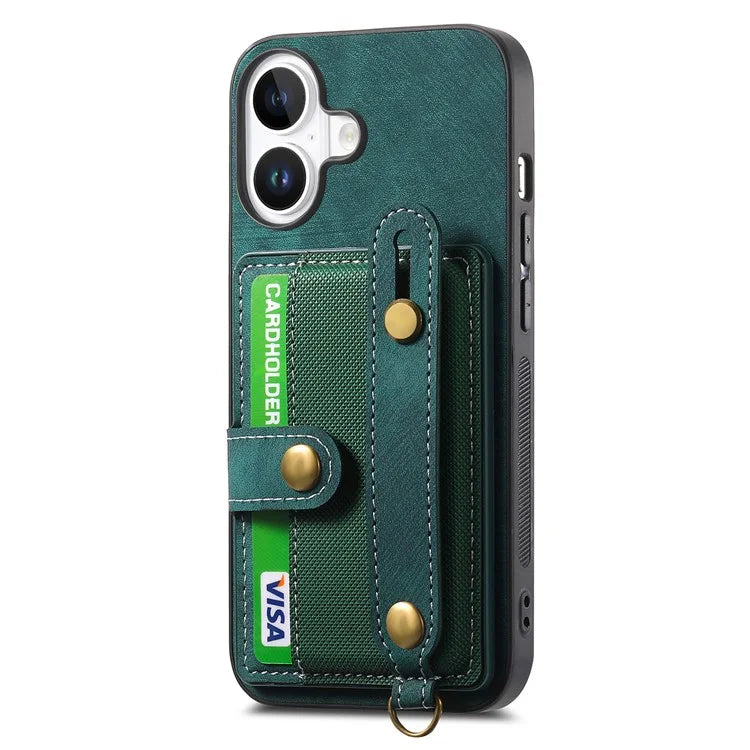 For iPhone 16 Case Wristband Kickstand PU Leather Retro Back Cover Card Holder