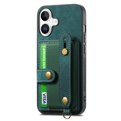 For iPhone 16 Case Wristband Kickstand PU Leather Retro Back Cover Card Holder