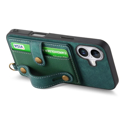 For iPhone 16 Case Wristband Kickstand PU Leather Retro Back Cover Card Holder