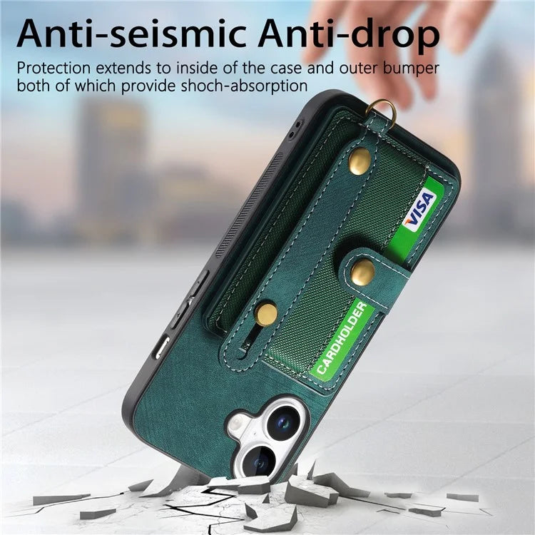 For iPhone 16 Case Wristband Kickstand PU Leather Retro Back Cover Card Holder