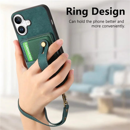 For iPhone 16 Case Wristband Kickstand PU Leather Retro Back Cover Card Holder