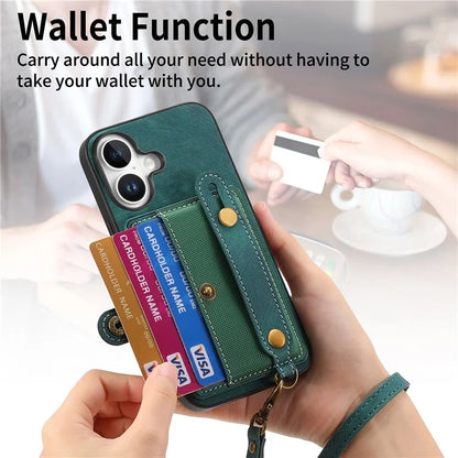 For iPhone 16 Case Wristband Kickstand PU Leather Retro Back Cover Card Holder