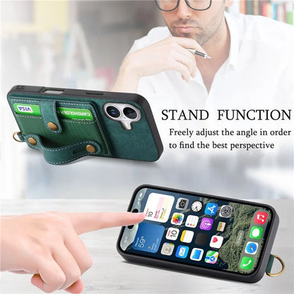 For iPhone 16 Case Wristband Kickstand PU Leather Retro Back Cover Card Holder
