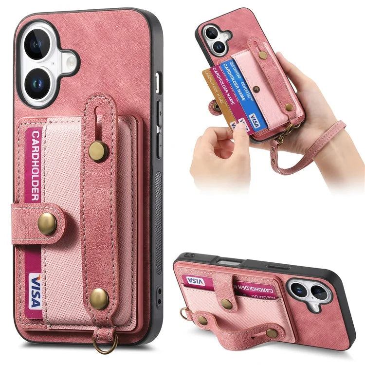 For iPhone 16 Case Wristband Kickstand PU Leather Retro Back Cover Card Holder
