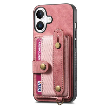 For iPhone 16 Case Wristband Kickstand PU Leather Retro Back Cover Card Holder