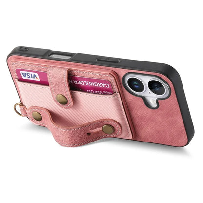 For iPhone 16 Case Wristband Kickstand PU Leather Retro Back Cover Card Holder