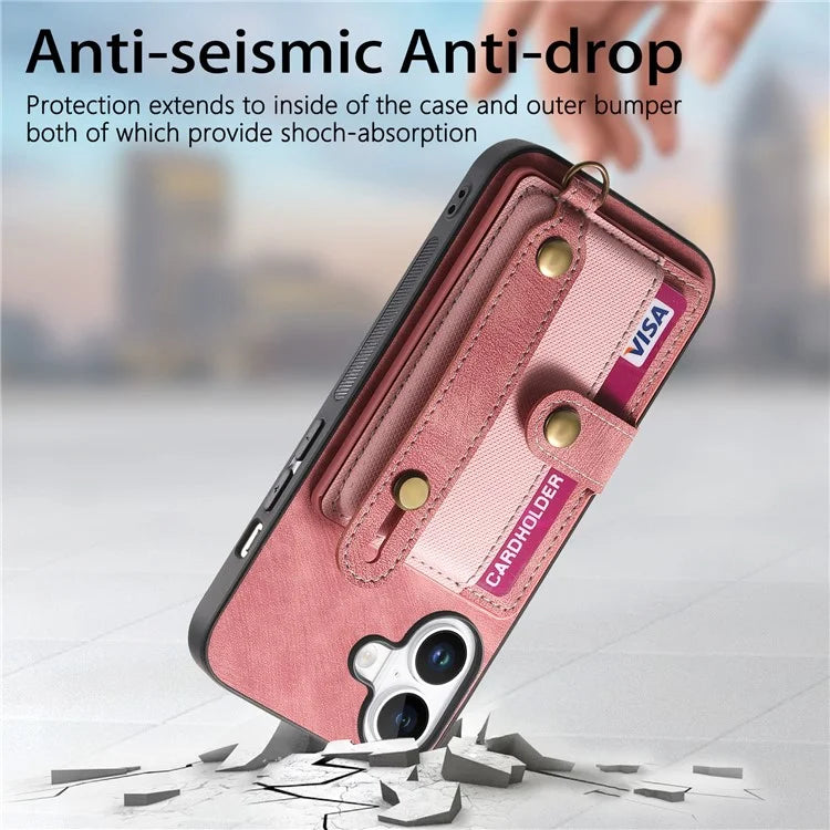 For iPhone 16 Case Wristband Kickstand PU Leather Retro Back Cover Card Holder