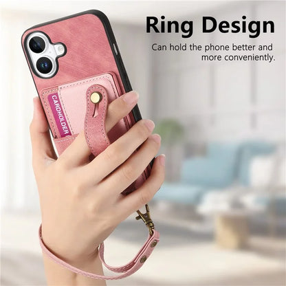 For iPhone 16 Case Wristband Kickstand PU Leather Retro Back Cover Card Holder