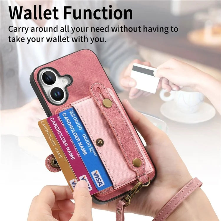 For iPhone 16 Case Wristband Kickstand PU Leather Retro Back Cover Card Holder