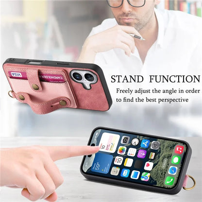 For iPhone 16 Case Wristband Kickstand PU Leather Retro Back Cover Card Holder