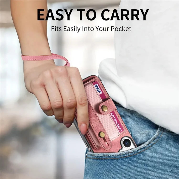 For iPhone 16 Case Wristband Kickstand PU Leather Retro Back Cover Card Holder