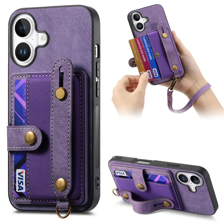For iPhone 16 Case Wristband Kickstand PU Leather Retro Back Cover Card Holder