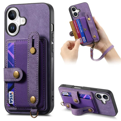 For iPhone 16 Case Wristband Kickstand PU Leather Retro Back Cover Card Holder
