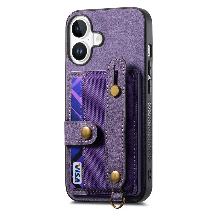 For iPhone 16 Case Wristband Kickstand PU Leather Retro Back Cover Card Holder