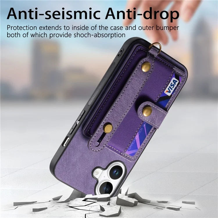 For iPhone 16 Case Wristband Kickstand PU Leather Retro Back Cover Card Holder