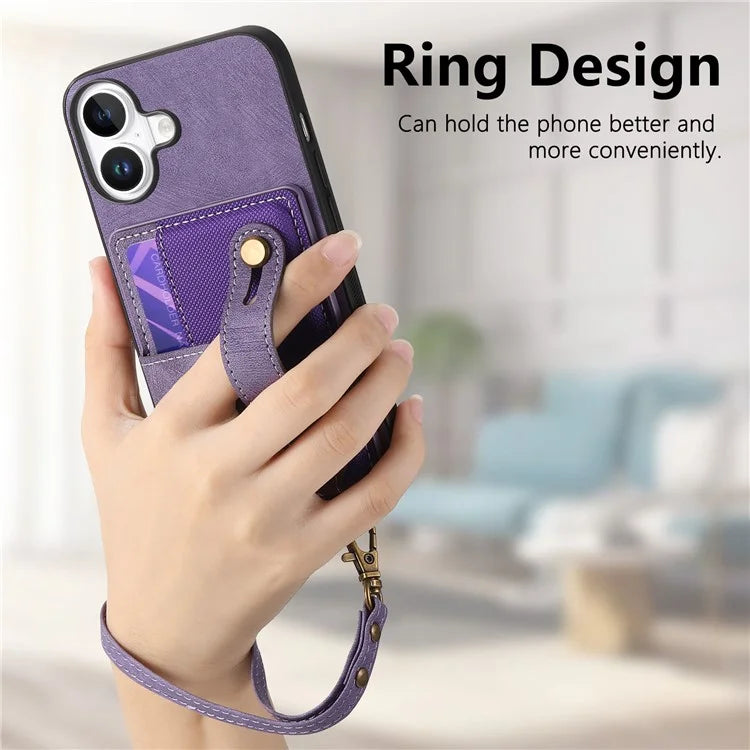 For iPhone 16 Case Wristband Kickstand PU Leather Retro Back Cover Card Holder