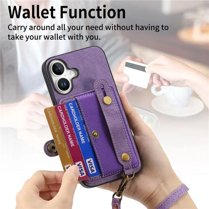 For iPhone 16 Case Wristband Kickstand PU Leather Retro Back Cover Card Holder