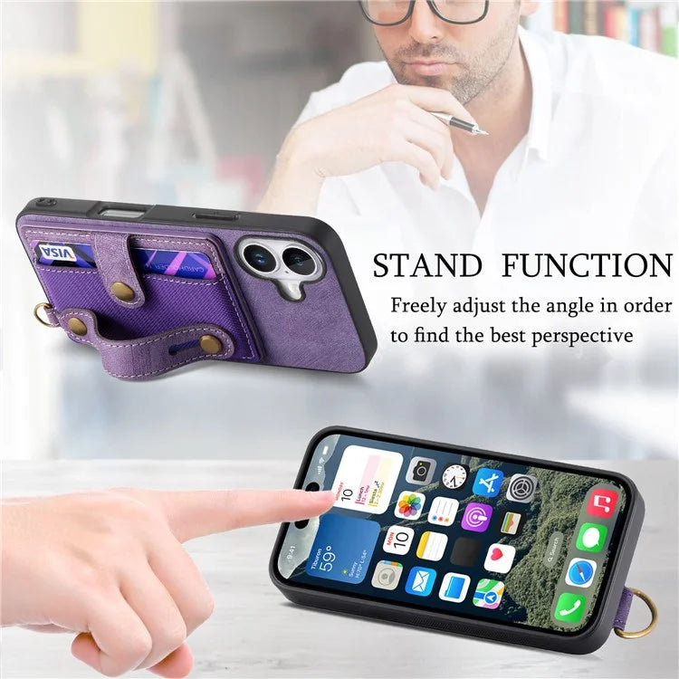 For iPhone 16 Case Wristband Kickstand PU Leather Retro Back Cover Card Holder