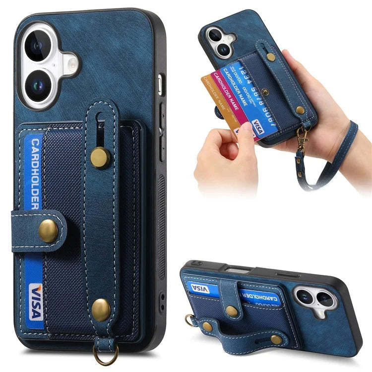 For iPhone 16 Case Wristband Kickstand PU Leather Retro Back Cover Card Holder
