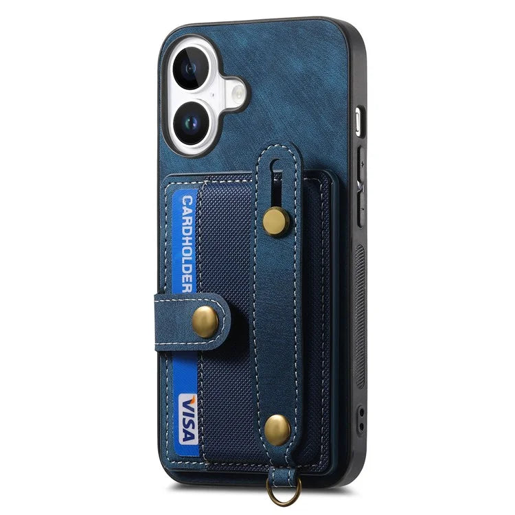 For iPhone 16 Case Wristband Kickstand PU Leather Retro Back Cover Card Holder