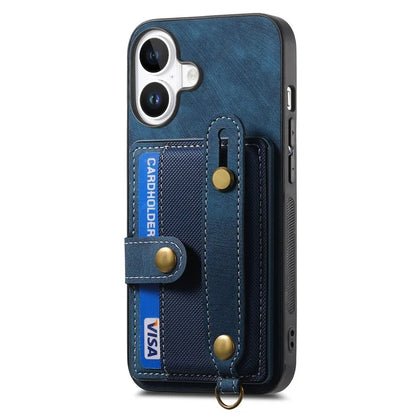 For iPhone 16 Case Wristband Kickstand PU Leather Retro Back Cover Card Holder