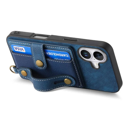 For iPhone 16 Case Wristband Kickstand PU Leather Retro Back Cover Card Holder