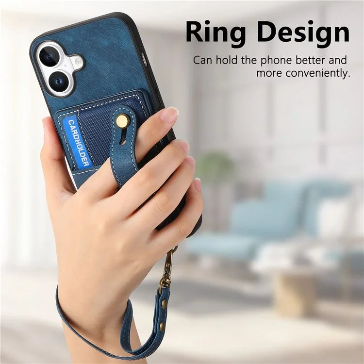 For iPhone 16 Case Wristband Kickstand PU Leather Retro Back Cover Card Holder