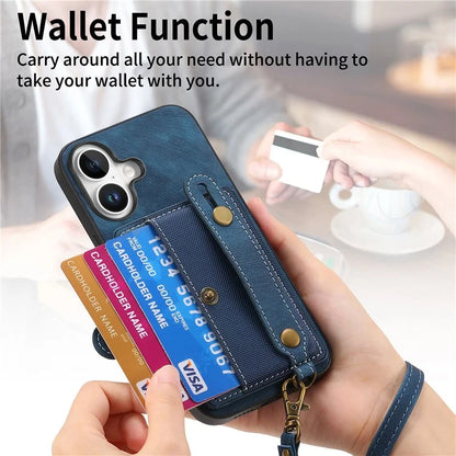 For iPhone 16 Case Wristband Kickstand PU Leather Retro Back Cover Card Holder