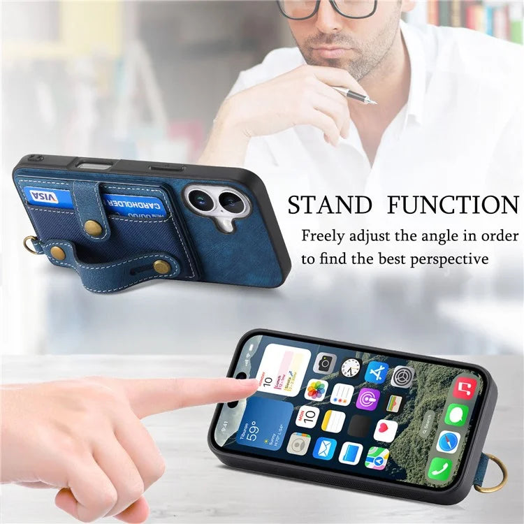For iPhone 16 Case Wristband Kickstand PU Leather Retro Back Cover Card Holder