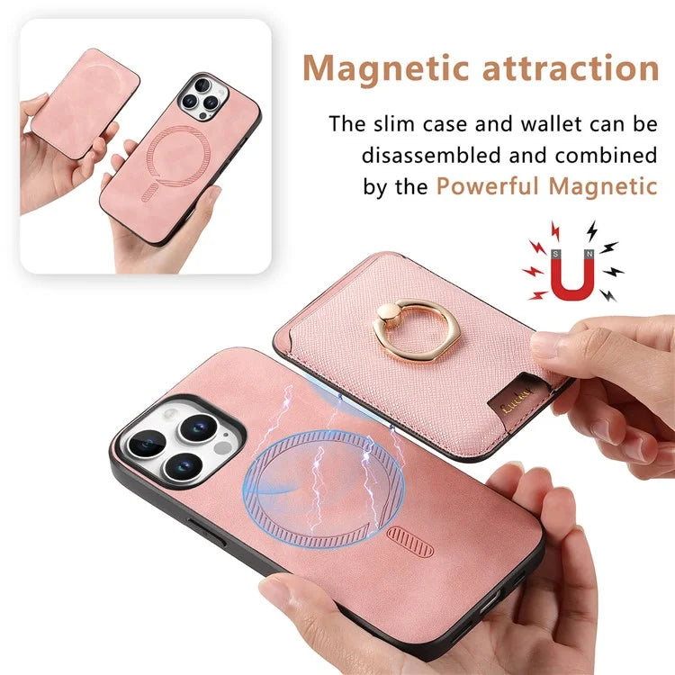 For iPhone 16 Pro Max Magnetic Case Leather+TPU Phone Cover Detachable Card Bag