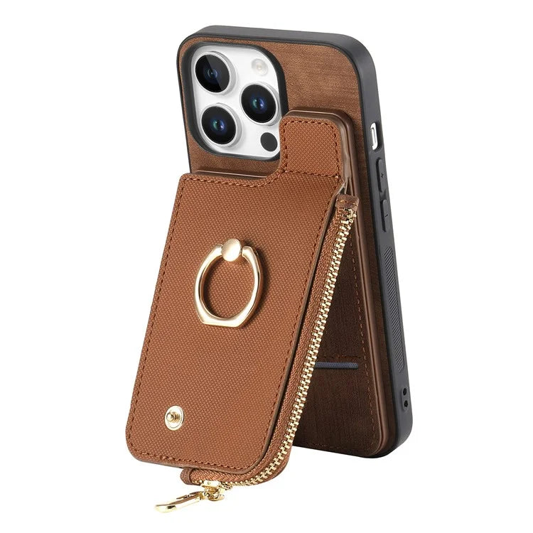 For iPhone 16 Pro Max Case Zipper Pocket Kickstand Leather Phone Back Cover