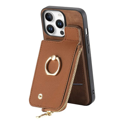For iPhone 16 Pro Max Case Zipper Pocket Kickstand Leather Phone Back Cover