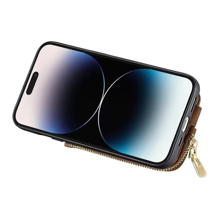 For iPhone 16 Pro Max Case Zipper Pocket Kickstand Leather Phone Back Cover