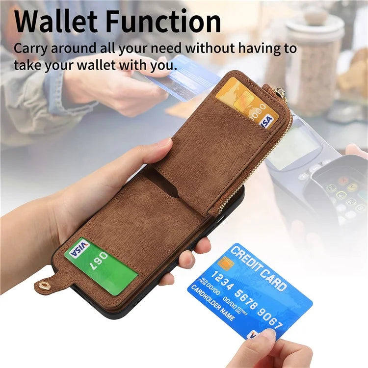 For iPhone 16 Pro Max Case Zipper Pocket Kickstand Leather Phone Back Cover