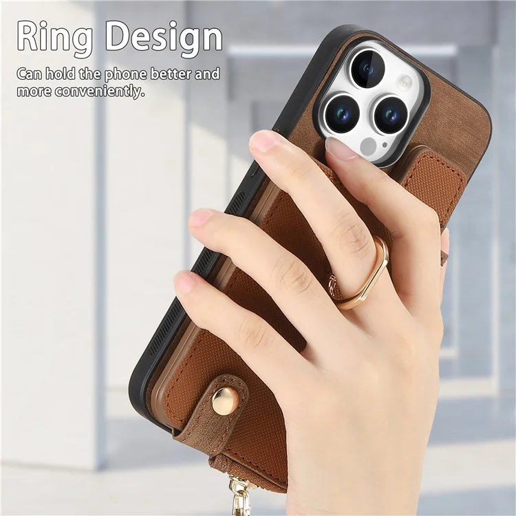 For iPhone 16 Pro Max Case Zipper Pocket Kickstand Leather Phone Back Cover