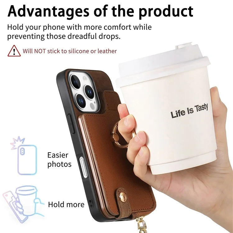 For iPhone 16 Pro Max Case Zipper Pocket Kickstand Leather Phone Back Cover