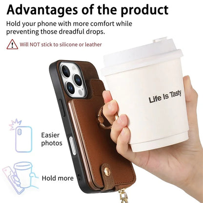 For iPhone 16 Pro Max Case Zipper Pocket Kickstand Leather Phone Back Cover
