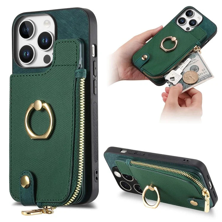 For iPhone 16 Pro Max Case Zipper Pocket Kickstand Leather Phone Back Cover