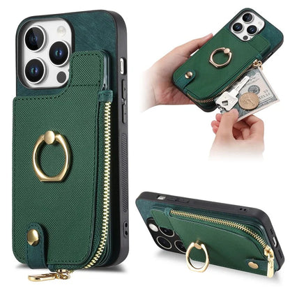 For iPhone 16 Pro Max Case Zipper Pocket Kickstand Leather Phone Back Cover