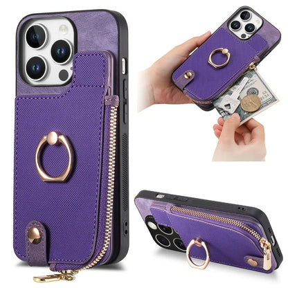 For iPhone 16 Pro Max Case Zipper Pocket Kickstand Leather Phone Back Cover