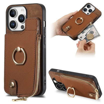For iPhone 16 Pro Case Zipper Pocket Kickstand Leather Phone Back Cover