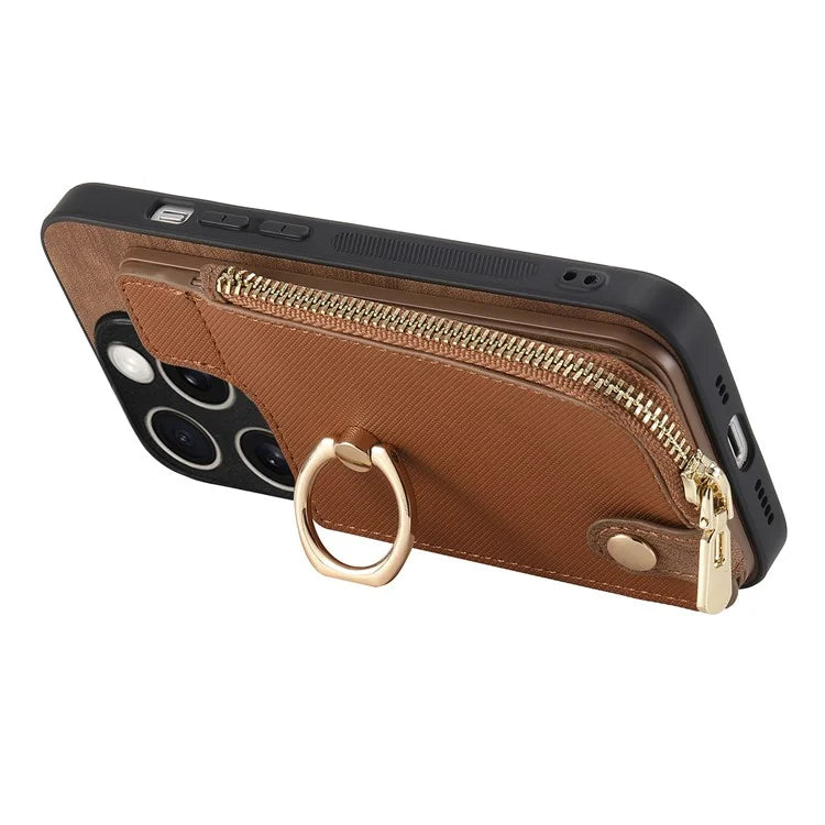 For iPhone 16 Pro Case Zipper Pocket Kickstand Leather Phone Back Cover