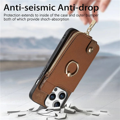 For iPhone 16 Pro Case Zipper Pocket Kickstand Leather Phone Back Cover