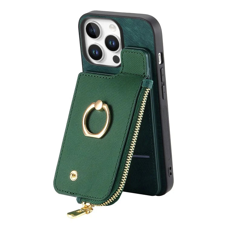 For iPhone 16 Pro Case Zipper Pocket Kickstand Leather Phone Back Cover