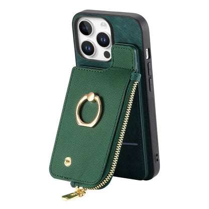 For iPhone 16 Pro Case Zipper Pocket Kickstand Leather Phone Back Cover