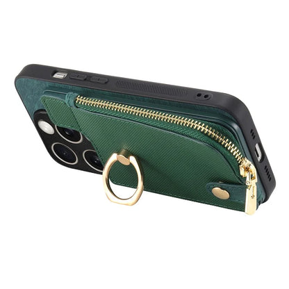 For iPhone 16 Pro Case Zipper Pocket Kickstand Leather Phone Back Cover