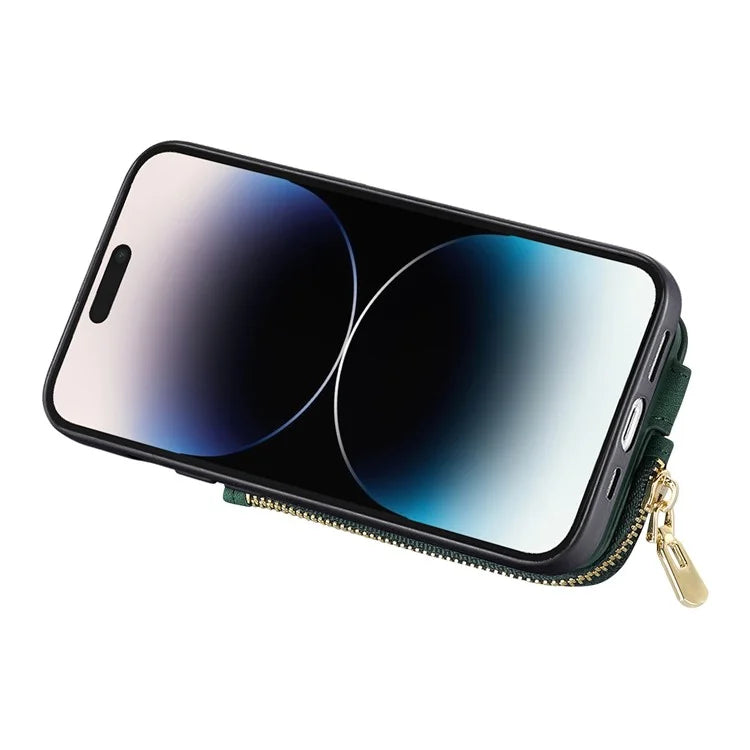 For iPhone 16 Pro Case Zipper Pocket Kickstand Leather Phone Back Cover