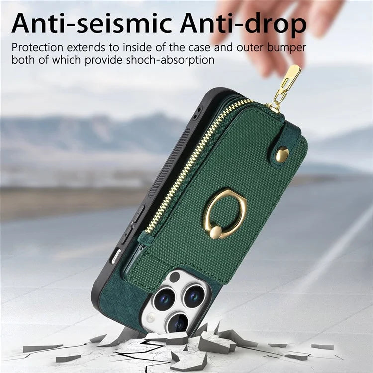 For iPhone 16 Pro Case Zipper Pocket Kickstand Leather Phone Back Cover