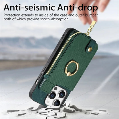 For iPhone 16 Pro Case Zipper Pocket Kickstand Leather Phone Back Cover