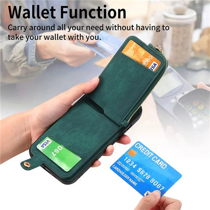 For iPhone 16 Pro Case Zipper Pocket Kickstand Leather Phone Back Cover
